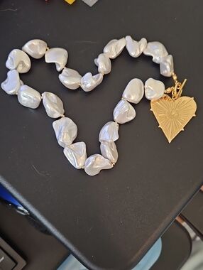Altar'd State Iridescent Pearl-Link Necklace with Gold Heart Pendant